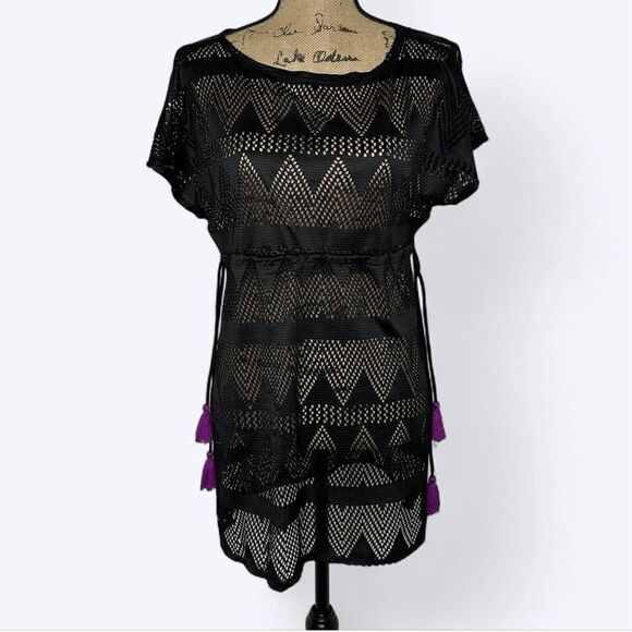No Boundaries Black Mesh Swim Coverup Sz S Pullover Drawstring Tassel Beach NoBo - Picture 1 of 13